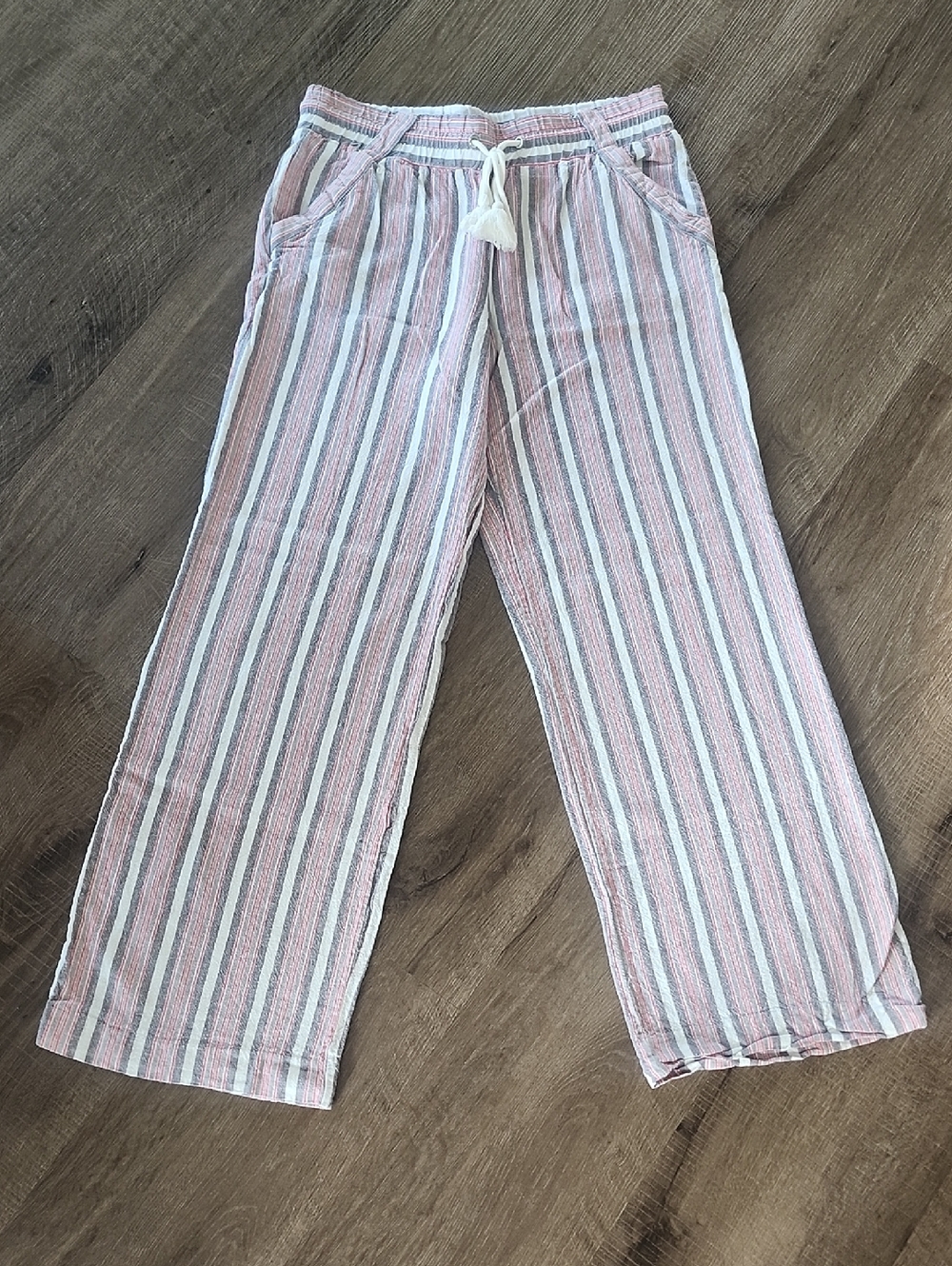 Striped Wide-Leg Drawstring Pants - Pink & White